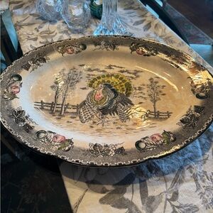 Large Hand Decorated Underglaze Ironstone Mid-Century Turkey Platter